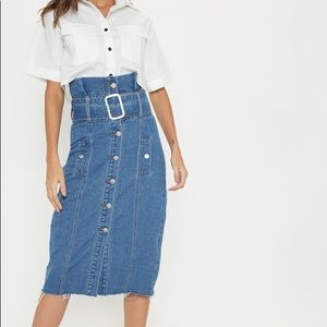Mid Wash Belted Button Through Midi Skirt